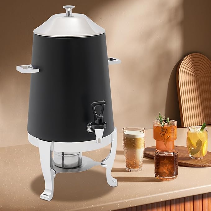Coffee Urn with Fuel Holder 3.5 Gal/13L, Stainless Steel Beverage Dispenser Hot Drink Dispenser with Stand, Tea Water Coffee Chafer Urn for Parties Buffet Catering Commercial Home (Silver, Black)