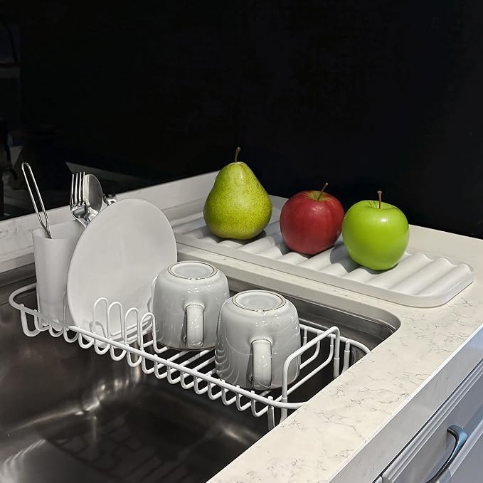 SunnyPoint 304 Stainless Steel NeverRust Compact Dish Drying Rack with Utensil Holder & Removable Drain Tray, Rustproof Small Dish Rack for Kitchen Countertop or Over Sink – White