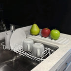 SunnyPoint 304 Stainless Steel NeverRust Compact Dish Drying Rack with Utensil Holder & Removable Drain Tray, Rustproof Small Dish Rack for Kitchen Countertop or Over Sink – White