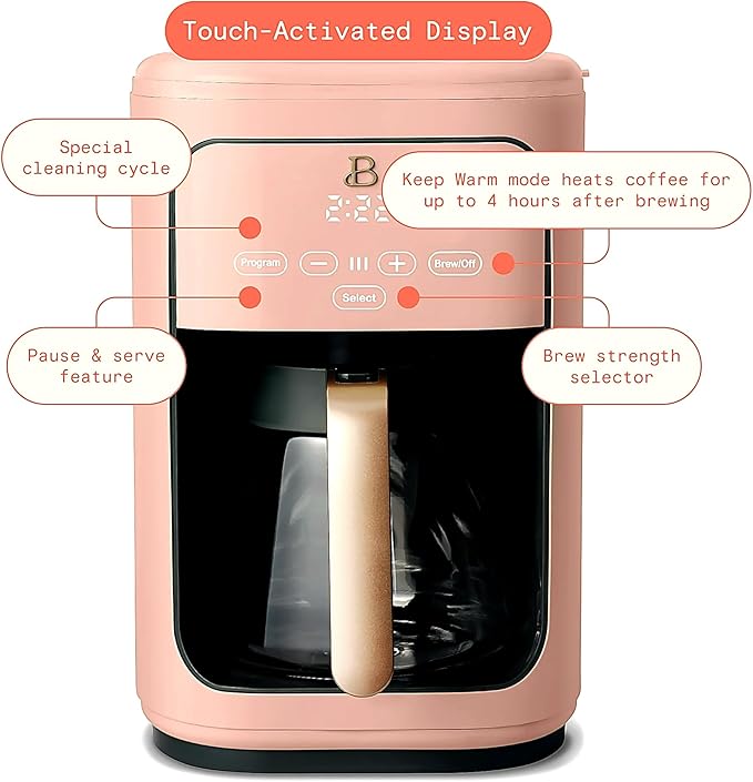 Beautiful Large Capacity 14-Cup Programmable Coffee Maker with 1-4 Cup Mode & Charcoal Filter by Beautiful (Rose)