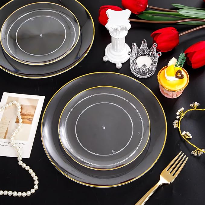 PULOTE 100PCS Clear and Gold Plastic Plates - Heavy Duty Clear Disposable Plastic Plates With Gold Trim for Wedding&Party Include 50 Dinner Plates, 50 Dessert Plates