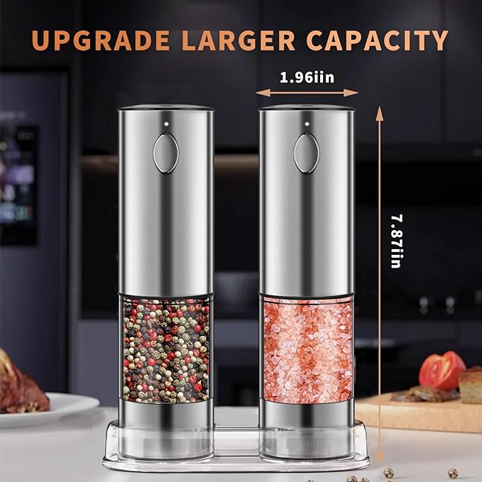 Electric Salt and Pepper Grinder Set, Rechargeable Pepper Grinder LED lights, Stainless Steel Automatic Salt and Pepper Mill Set, Refillable with 5 Adjustable Coarseness Silver