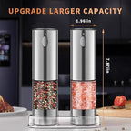 Electric Salt and Pepper Grinder Set, Rechargeable Pepper Grinder LED lights, Stainless Steel Automatic Salt and Pepper Mill Set, Refillable with 5 Adjustable Coarseness Silver