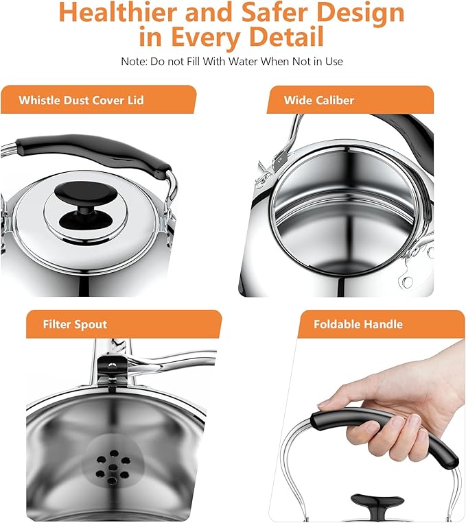 2L Whistling Stovetop Tea Kettle - Food Grade Stainless Steel Teapot with Fast Boil, Wide Mouth, Folding Handle, Ideal for Stove Top – Perfect for Tea, Coffee & Hot Water, Mirror Finished