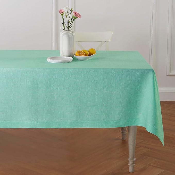 Solino Home Linen Cloth Tablecloth 52 x 52 Inch - 100% Pure Linen Chambray Aqua Square Tablecloth - Athena, Machine Washable Table Throw for Summer