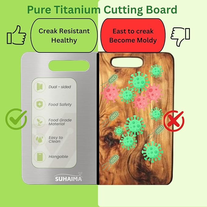 Titanium Cutting Board for Kitchen, Double Sided Food-Grade Stainless Steel Cutting Boards, Durable Rust Resistant & Dishwasher Safe, With Hook, (Size, 13.18" L x 9" W)
