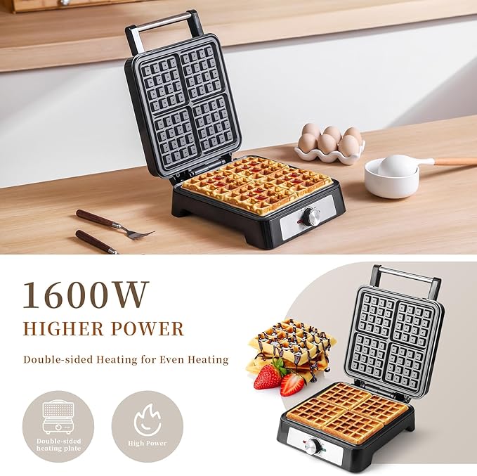 Waffles Maker Waffle Iron, 4 Belgian Square Waffle Maker, Belgian Waffle Maker Thick with Non-stick Plate, Breakfast Waffle Machine Make Waffle in Minutes, 3 Browning Level, 1200W