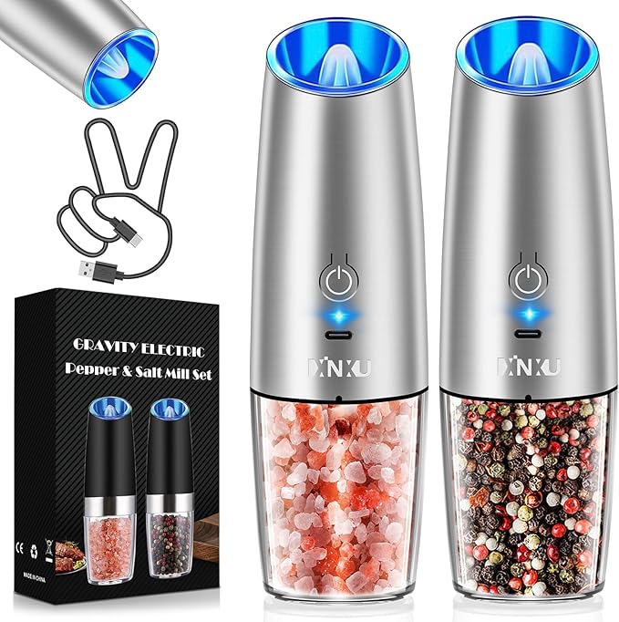 XinXu RECHARGEABLE Salt and Pepper Grinder Set,Automatic Pepper Mill,USB Rechargeable,Adjustable Coarseness,One-handed Operation,Ceramic Burr,Refillable,Auto Grinders Shakers LED Light,Sliver