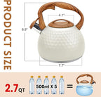 GGC Tea Kettle for Stove Top, Loud Whistling Kettle for Boiling Water Coffee or Milk, 3.1 Quart 3L Heavy Stainless Steel White Kettles with Wood Pattern Handle, Unique Button Control Kettle Outle