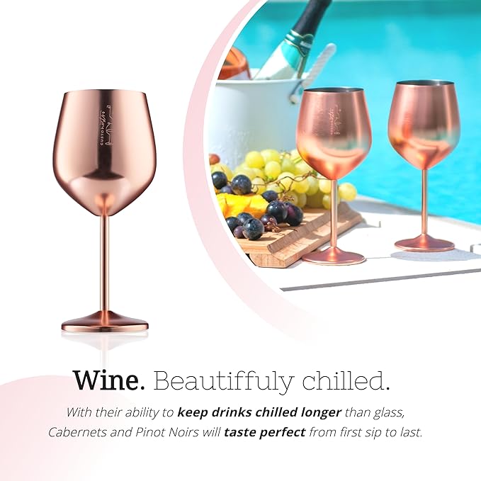 Gusto Nostro Stainless Steel Wine Glass - 18 oz - Unbreakable Rose Gold Wine Glasses for Travel, Camping and Pool - Fancy, Unique and Cool Portable Metal Wine Glass for Outdoor, Picnics (Set of 2)
