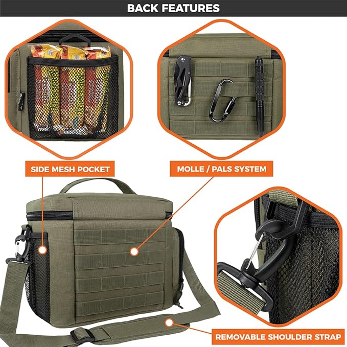 opux Tactical Lunch Box for Men, Olive Mens Insulated Lunch Bag for Adult, Leakproof Soft Lunch Cooler with MOLLE Mesh Side Pockets, Multicam Heavy Duty Lunchbox Pail for Work Women, Large, 18 Cans
