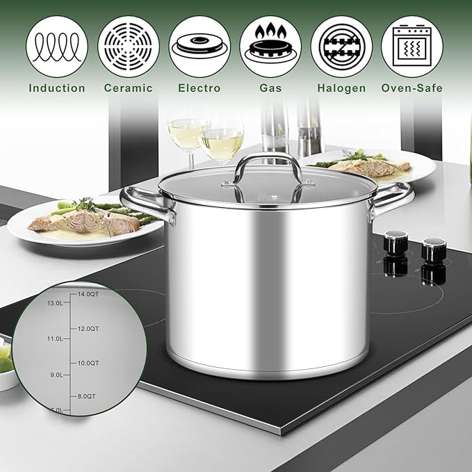 Leonyo 14 Quart Stock Pot with Lid, Stainless Steel StockPot with Lid, Tri-ply Bottom Induction Cooking Pot for Cooking, All Stove Compatible Up to 600℉ Soup Pot for Canning, Boiling, Simmer