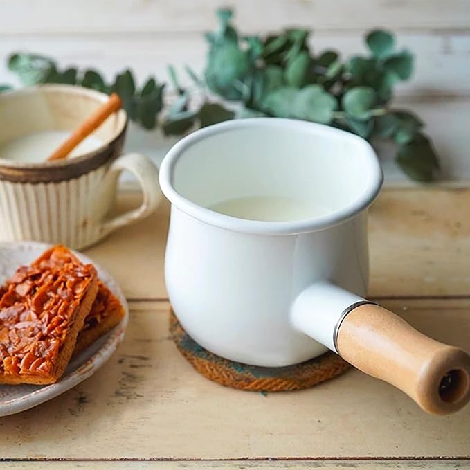 Enamel Milk Pot 17oz Butter Warmer Small Sauce Pan with Spouts Butter Melting Pot, Wooden Handle, White