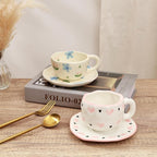 Koythin Ceramic Coffee Mug with Saucer Set, Cute Sweet and Cool Love Cup Unique for Office and Home, 10 oz/300 ml for Latte Tea Milk