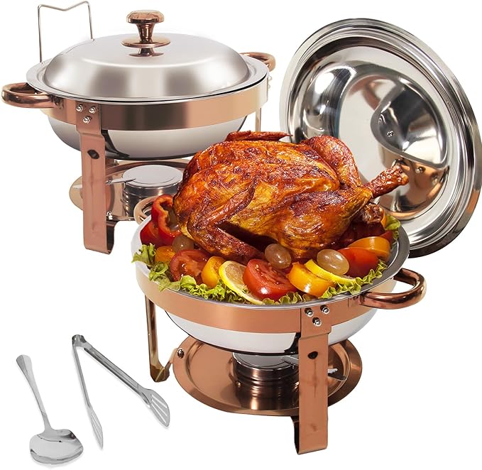 2-Pack Round Chafing Dishes for Buffet, 5QT Stainless Steel Buffet Chafing Set for Catering, Parties & Events-Rose Gold
