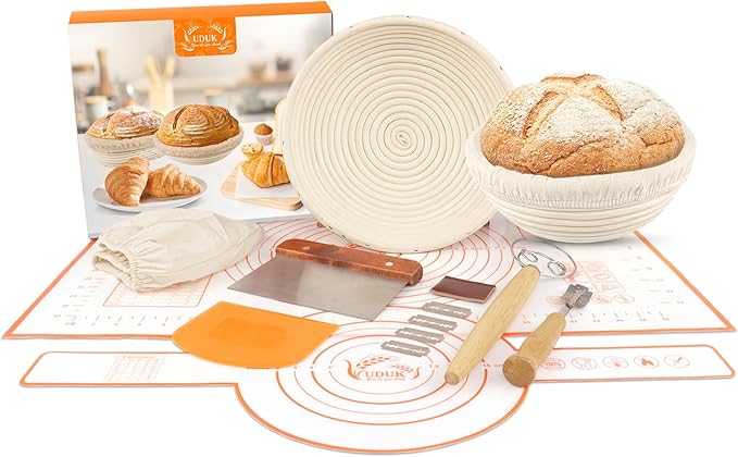Bread Proofing Basket Set with 10" Round and 9.6" Round Banneton Baskets, Silicone Bread Sling Baking Mat, Whisk Cutter Scraper Lame - Sourdough Bread Baking Supplies Ideal Sourdough Starter Kit