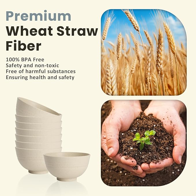 Homienly 10 OZ Dessert Bowls Wheat Straw Small Bowls Reusable Kids Bowl Mini Bowl for Ice Cream, Side Dishes, Fruit, Snack, Portion Control Unbreakable Lightweight Bowl Set, Microwave Safe (Beige)