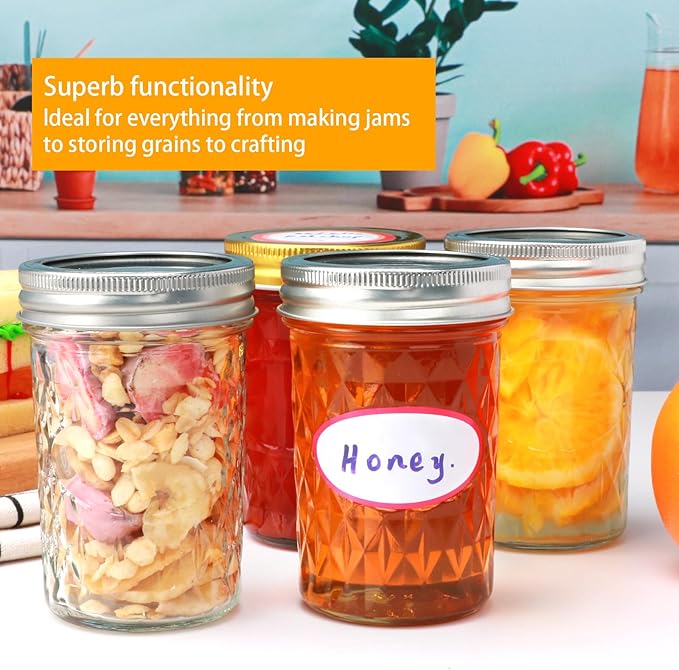 8oz Mason Jars, Canning Jars,Jam Jars forJelly,Honey, Wedding Favors, Food Storage,Kitchen & DIY Gifts, with Lables,Sponge Brush,Pen and Red Hemo Rope,Set of 24