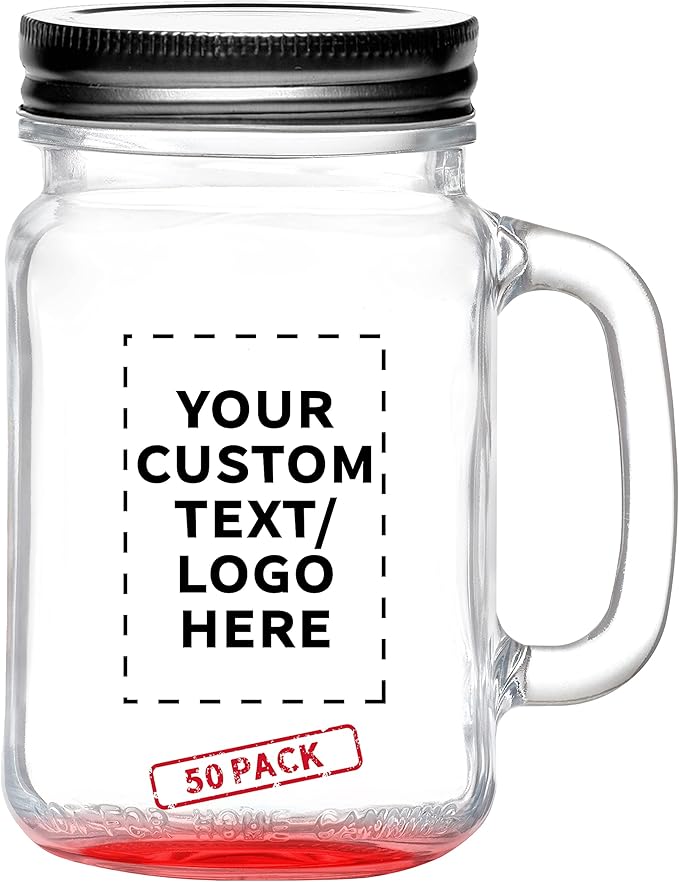DISCOUNT PROMOS Custom Libbey Handle Mason Jars w/Lids 16 oz. Set of 50, Personalized Bulk Pack - Traditional style, High standard - Red