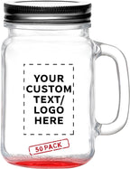 DISCOUNT PROMOS Custom Libbey Handle Mason Jars w/Lids 16 oz. Set of 50, Personalized Bulk Pack - Traditional style, High standard - Red