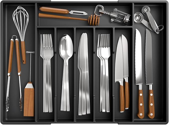 Kitsure Silverware Organizer for Drawers - Expandable Cutlery and Utensil Drawer Organizer with Easy Maintenance, Premium PP Kitchen Organizers and Storage for Flatware, Black, 20.3" x 13.8" x 1.6"