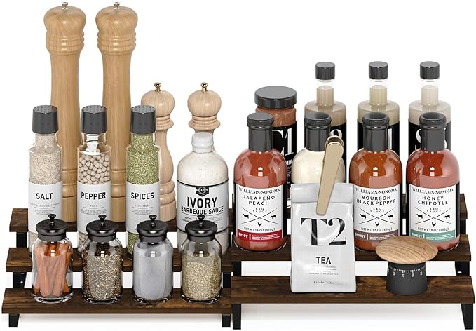Furinno Ravel 3-Tier Multipurpose Expandable, Nestable Kitchen Counter Spice Rack Organizer, Set of 2, Amber Pine/Black