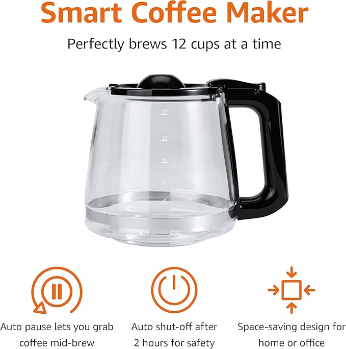 Amazon Basics Programmable 12 Cup Drip Coffee Maker, Coffee Machine with Glass Coffee Pot (1.9 Qt), Auto Shut-off, Touch Screen, Auto Pause, Removable Filter Basket, Black & Silver