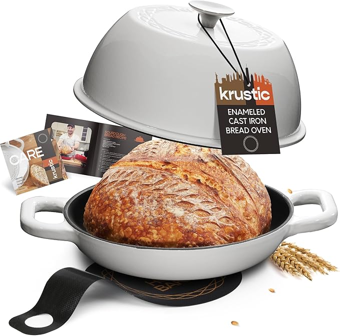 Enameled Cast Iron Dutch Oven for Sourdough Bread Baking | 6 Quart Pot with Lid | 10 Inch Ceramic Enamel Thick Coated Cookware Set with Non Stick Silicone Baking Mat for Cooking | 6 Qt | White