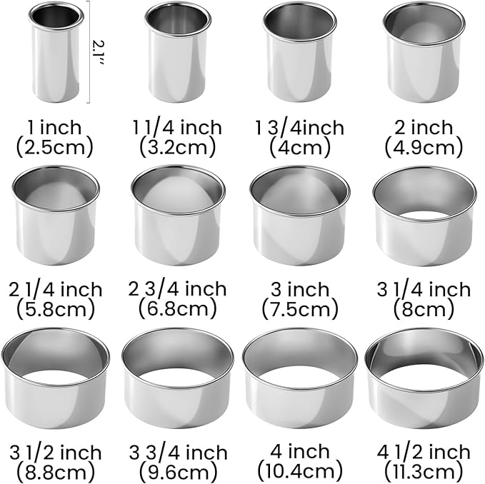 12-Piece 304 Stainless Steel Biscuit Cutter Set, Round Cookie Cutters for Baking (1/2/3/4/5'') with PP Storage Box, Dough Pastry Cake Circle Cutting Ring Molds, Non-Rust Double Thickness & 2.1‘’ High