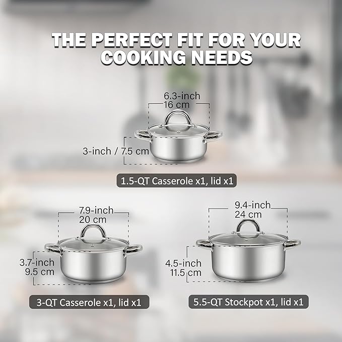 Cook N Home Stainless Steel Stock Pot with Glass Lid, Basic Small Sauce Cooking Pot Saucier Casserole Pan Set, 6 Piece Set