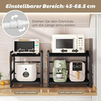 2-Tier Microwave Rack - Height Adjustable & Extendable Kitchen Shelf with Drawer - Carbon Steel - Includes Hooks & Reinforcement Suction Cups - Easy Assembly (Black)