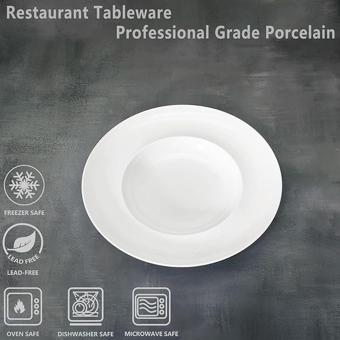 Pasta Plates with Rim 12 oz, Soup Bowl Pasta Bowl Set of 4, White Shallow Bowl Plate, Ceramic Wide Rimmed Soup Bowl, Best choice for high-end restaurants, hotels, and foodies, 11 Inch