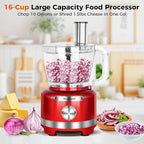 Homtone 16 Cup Food Processor Large, 9 Functions 7 Blades 3 Speeds for Shredding, Slicing, Making French Fries, Chopping Meat, Kneading Dough & Emulsifying, 600W, Red