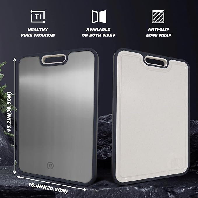 Titanium Cutting Boards for Kitchen, Pure Titanium Metal & Wheat Straw 2 Sided Healthiest Chopping Board, Dishwasher Safe Easy to Clean Large Size 16”×11”