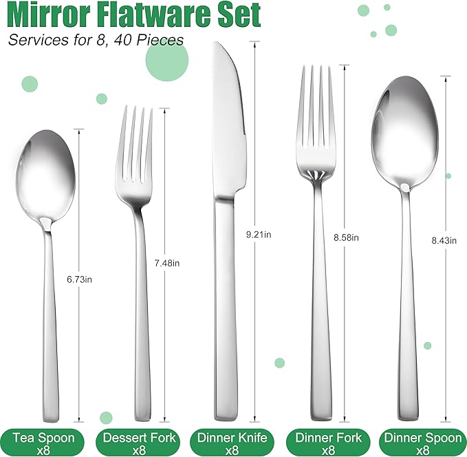 40-Piece Silverware Set Service for 8, Stainless Steel Cutlery Set, Mirror Polished Flatware Set, Kitchen Eating Tableware Set, Include Fork Knife Spoon, Dishwasher Safe