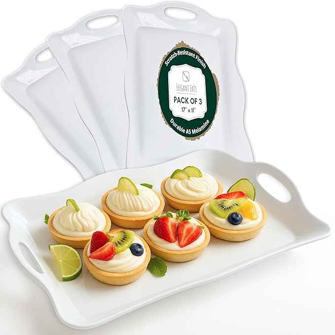 17" x 11" Melamine Large Plastic Serving Platters and Trays with Handles, Rectangular Serving Trays for Food, Dishes, Party - 3 Pcs
