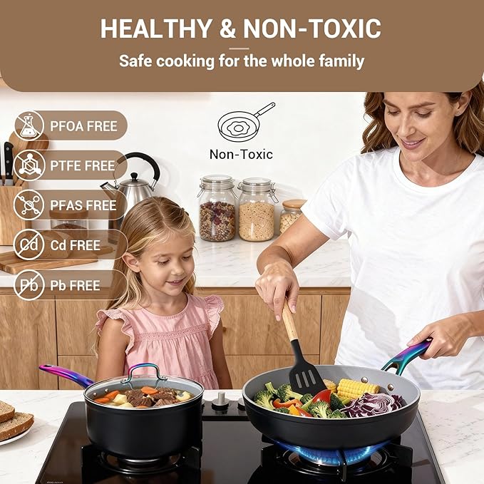 Ammeloo 17 Pcs Ceramic Cookware Set, Induction Pots and Pans Set Non Stick, Premium Colored Stay Cool Handle, Non Toxic PFOA PFOS Free, Oven Safe & Compatible with All Stovetops, Black