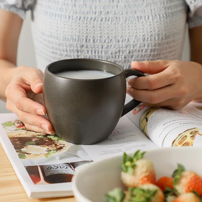 Coffee Mugs Set of 4, Ceramic 16 oz Coffee Cups for Tea, Milk, Cereal, Cappuccino, Porcelain Latte Cups with Large Handle, Stoneware Coffee Mugs for Christmas Housewarming Gifts, Black