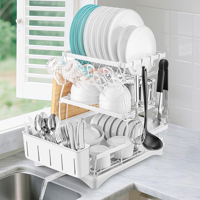 Dish Drying Rack for Kitchen Counter - 3 Tiers Stainless Steel Over Sink Dish Drainers, Space Saving Detachable Large Countertop Organizer with Utensil Holder, Cutting Board Rack (White)