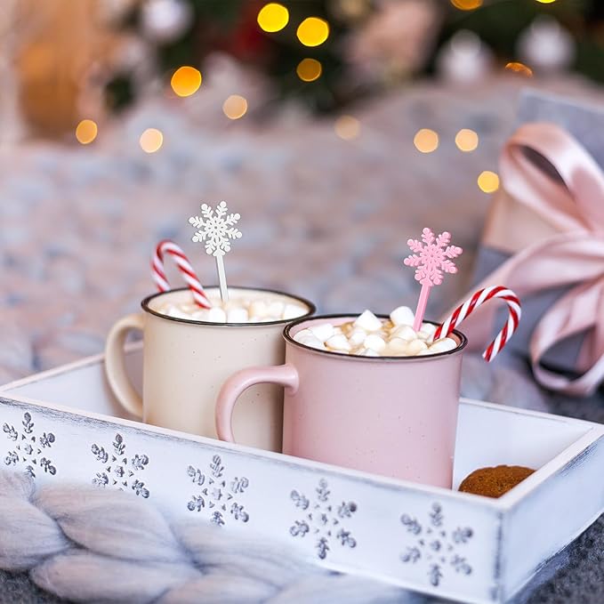 48Pcs Snowflake Coffee Stirrers Pink White Snowflake Cocktail Stir Sticks Winter Plastic Drink Swizzle Stick for Hot Chocolate Bar Supplies Xmas Home Party Decor