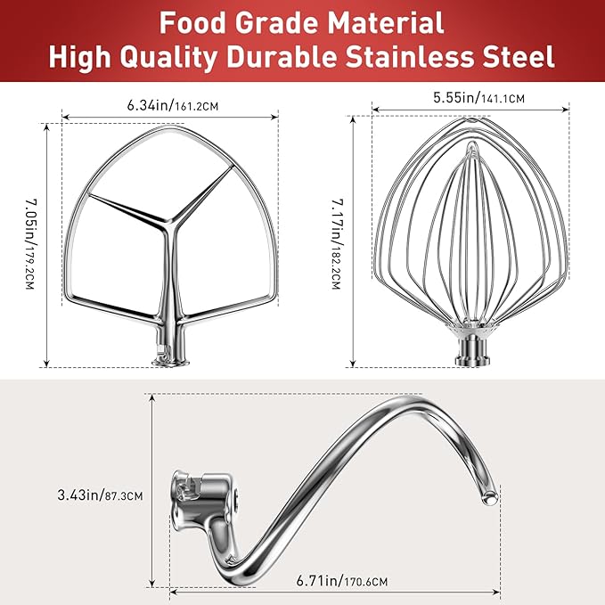 Stainless Steel Stand Mixer Attachments 3-Piece (7QT Flat Beater, 7QT Dough Hook, 7QT 9-Wire Whip Attachment) for KitchenAid Lift Stand Mixer and 7 Quart Bowl, Dishwasher Safe