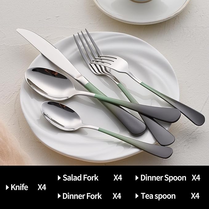 20-Pieces Color Silverware Sets for 4,Green and gray Handle Stainless Steel Cutlery Set, Include Forks Spoons and Knives Set, Dishwasher Safe Utensil Sets for Home Restaurant
