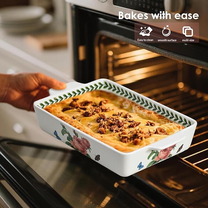 ACMLIFE Ceramic Casserole Dish for Oven, Floral Baking Dishes for Oven Lasagna Pan, Large Baking Dish with Handles, Durable and Oven Safe Pan, for Roasting and Baking, Gift Packaging 2 Pcs Set(13"x8"+10.3"x6.3") (Rose)