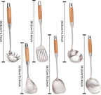 FJNATINH Wok Utensils for Carbon Steel, Stainless Steel Wok Spatula Metal Set, 6-Pieces 13-15 Inch Extra Long, Wok Tools Professional Set, Wooden Handle Skimmer, Soup Ladle, Slotted Turner