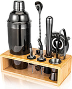 Cocktail Shaker Set, Mixology Bartender Kit 10-Piece Bar Tool Set with Stylish Bamboo Stand, Bar kit: Martini Shaker Mixing Spoon Muddler Jigger Corksrew for Barware Set | Black
