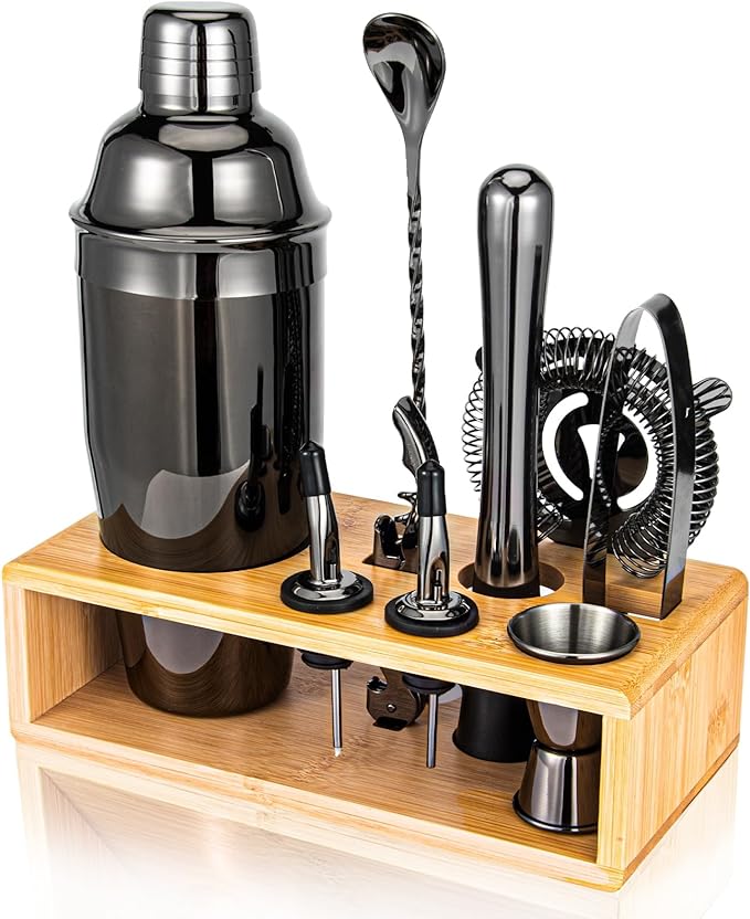 Cocktail Shaker Set, Mixology Bartender Kit 10-Piece Bar Tool Set with Stylish Bamboo Stand, Bar kit: Martini Shaker Mixing Spoon Muddler Jigger Corksrew for Barware Set | Black