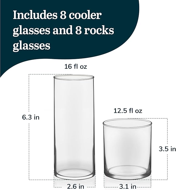 Libbey Miles Tumbler and Rocks Bar Glass Set, Clear, Sleek All-Purpose 16 Piece Glassware Set, Elegant Dishwasher Safe Dining Glasses for Everyday Use