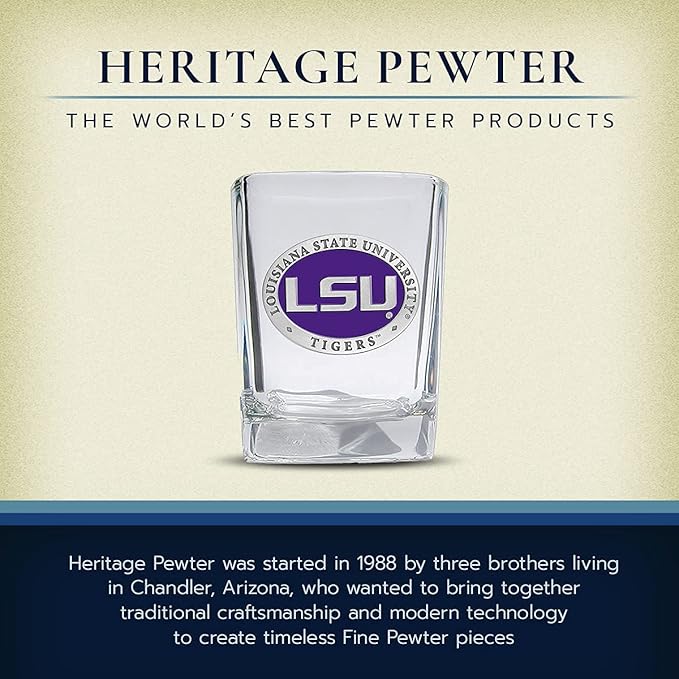 Heritage Pewter LSU Lousianna State University Square Shot Glass | Hand-Sculpted 1.5 Ounce Shot Glass | Intricately Crafted Metal Pewter Alma Mater Inlay