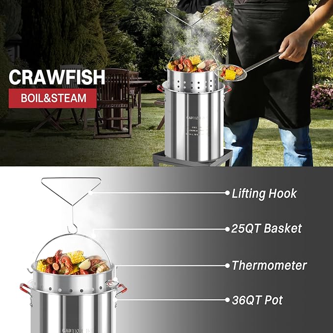 36QT Outdoor Fryer | Turkey Deep Fryer | Seafood Boil Pot | Cover & Skimmer Included | 50,000BTU Propane Burner | Aluminum Deep Fryer Pot with Basket | Crab, Seafood & Crawfish Boiler