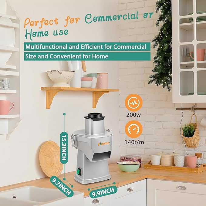 Newhai 4 in 1 Commercial Vegetable Chopper Multifunctional Automatic Dicer Slicer Shredder Strip Cutter for Onion Potato Cabbage Veggie & Fruit Processor with Multi Blades 200W 110V